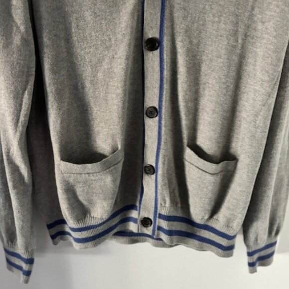 Brooks Brothers Cardigan Sweater XL Gray Blue Trim Knit V Neck Classic Casual - Picture 2 of 7